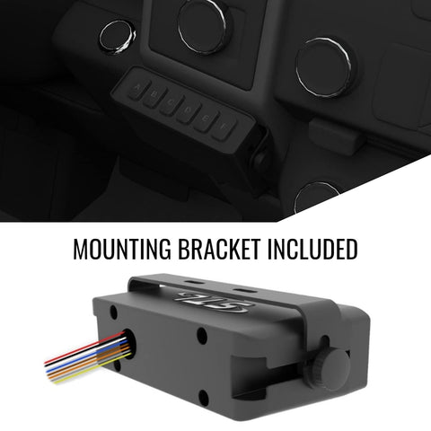 Universal Weatherproof Rocker Panel Switch Box with aluminum housing and labeled wires, mounting bracket shown, ideal for vehicles