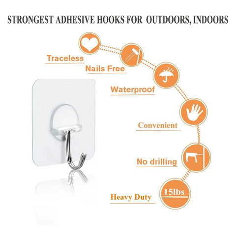 Adhesive Hooks Heavy Duty 15 Lbs Max Reusable Transparent Stick On Wall Hangers For Hanging Towels Robes Keys Bags In Bathroom Kitchen Outdoors 10 Pack No Nails Needed, featuring traits like waterproof, convenient, and traceless maintenance symbols