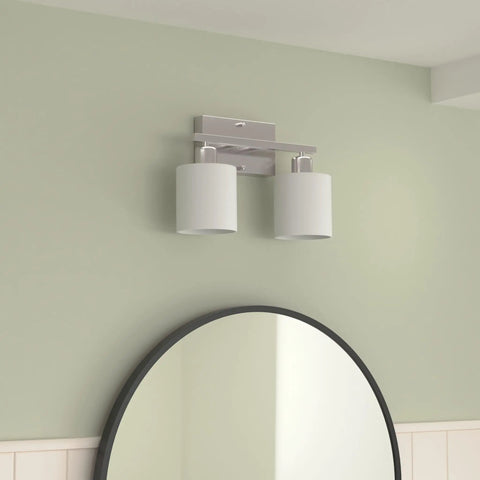 Dope Vanity Light Fixture Over Mirror in Brushed Nickel With Modern Two Light Wall Sconces, White Glass Shades, E26 Base