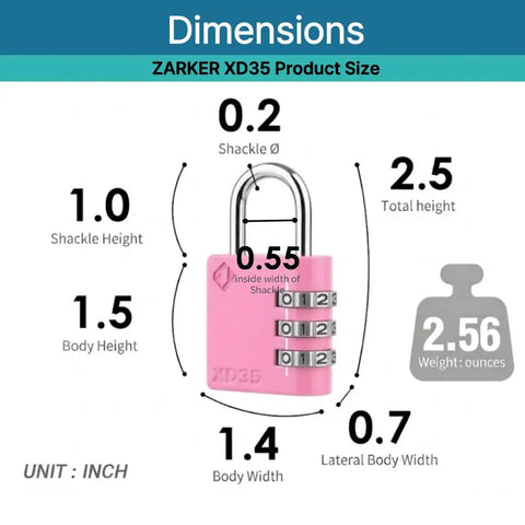 Dimensions of 3 Digit Padlock For School Locker Gym Sports Fence Toolbox Case Outdoor Pink With 1000 Possible Codes And Four Pin Security
