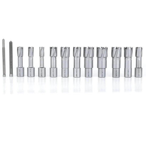 Carbide TCT annular cutter set, 13 pieces with Weldon shanks, diameters 1/2–1-1/8 in, depth 1-3/8 in, side view.