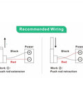 Recommended wiring diagram for Knockout Thrust DC 12V And 24V Linear Actuator showing push rod extension and retraction.