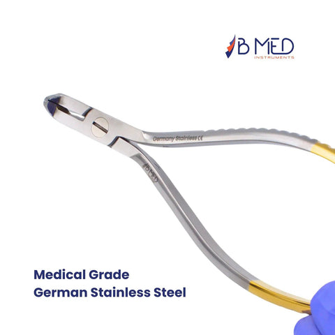 Pro Grade Tungsten Carbide Distal End Cutter for Orthodontics, 5.5 Inch Wire Cutter With Flush Trim, Cuts Hard Archwires Up To 0.022 By 0.028 Inch, Precision Pliers, Stainless Autoclavable Dental Tool, side view