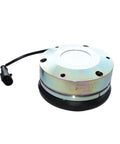 Angled side view of circular forklift electromagnetic brake with metal housing and black mounting base, electrical connector.