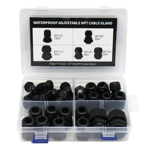 Pro Grade 33 Pack Adjustable Nylon PA66 Cable Glands Waterproof Heavy Duty Cord Grip Strain Relief Fittings in plastic box