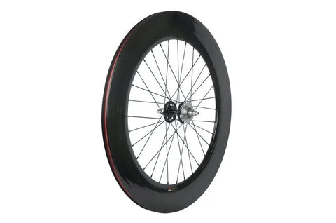 Ride Ready 88mm Fixed Gear Wheel 700c Carbon Clincher Rear Wheel side view, 32 hole spokes, 3k glossy finish, Toray T700.