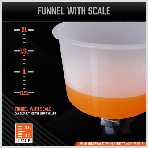 Slick No Drama Spill Proof Coolant Funnel Kit With Universal Adapter Bleeder showing funnel with scale for fluid measurement.