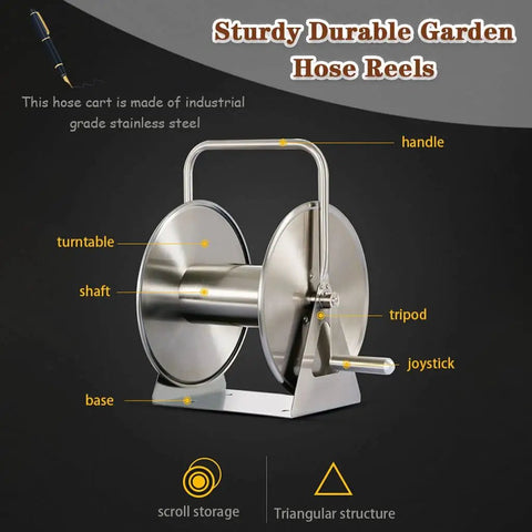 Heavy Duty Wheeled Garden Hose Reel Cart With Stainless Steel Build And Easy Roll Wheels For Yard Hose Storage, detailed view.