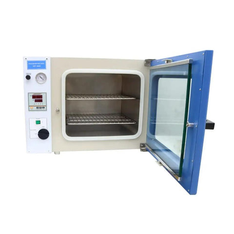 Intbuying 1 Point 9 Cubic Foot Vacuum Drying Oven With Lcd Screen and Micro Computer Control, open door showing interior racks.