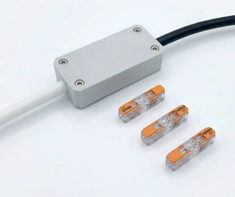 Heavy Duty Junction Box Tailored For Standard 221 Lever Nuts Rock Solid Inline Wire Splice Cover Case Supporting 3 Conductor Cables, white casing with connectors.