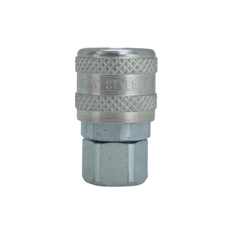 A Style One Quarter Inch FNPT Air Quick Connect Coupler with Buna N Seal, metal finish, 34 CFM Flow, Easy Push to Connect, front view