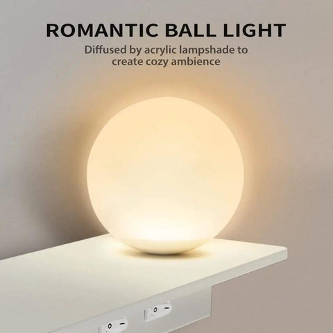 M02 Wall Mounted Reading Light With Romantic Ball Light And USB Port detail of glowing ball light on white shelf