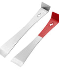 Two Pack Beefy Stainless Steel Pry Bars Set With Nail Puller And Angled Edges flat mini crowbars on white surface