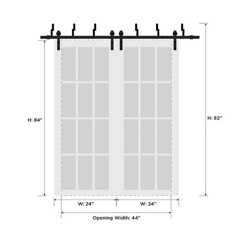 Diagram of Double Sliding Bypass Doors With Frosted Opaque Glass In White Silk Finish, Heavy Duty Steel Rail Kit, 84 By 96 Inches, 2 Panels