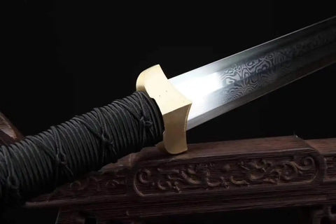 Close-up of a Fully Handmade Damascus Steel Folding Blade Sword With Rosewood Scabbard And Brass Fittings Heat Tempered Full Tang