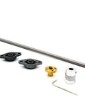 Rock Solid 300mm T8 Lead Screw Kit With Brass Nut Coupler Pillow Bearing Blocks And Hex Wrench components, showcasing stainless steel shaft and bearing blocks.