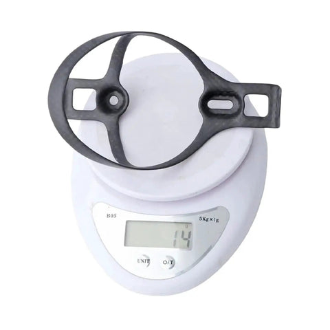 Carbon Fiber Water Bottle Cage Ultralight 14g Cup Holder on digital scale showing weight for MTB Road Gravel and E Bike Ride