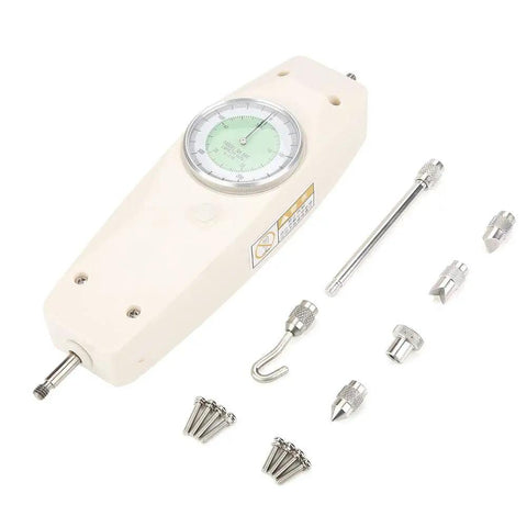High Capacity 500N Force Gauge With Analog Dial Dynamometer And Optional Digital Readout, Workhorse Push Pull Tester For Precise Force Measurement, Handy Handheld Clamp Mountable Instrument For Electronics And Appliance Testing. Analog dial force gauge with attachments