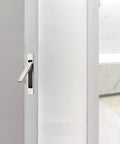 Pocket Door Pull Handle Edge Pull Satin Nickel Flush Mount For Sliding Doors 2 Pack With Self Retracting Mechanism Fits Doors Over Eleven Sixteenth Inches Thick Stainless Steel Finish Rust Resistant And Easy To Install installed on white sliding door