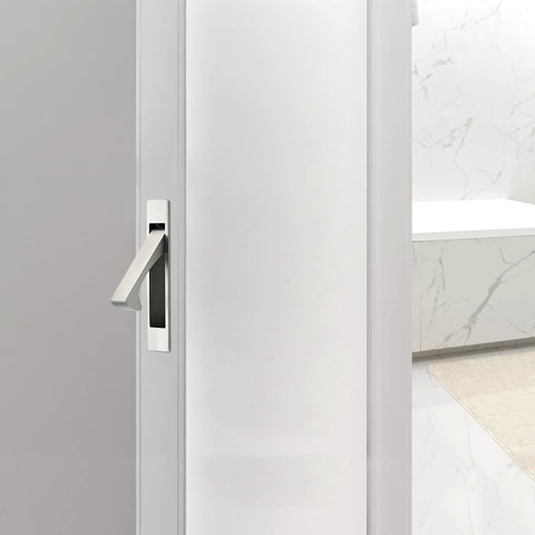 Pocket Door Pull Handle Edge Pull Satin Nickel Flush Mount For Sliding Doors 2 Pack With Self Retracting Mechanism Fits Doors Over Eleven Sixteenth Inches Thick Stainless Steel Finish Rust Resistant And Easy To Install installed on white sliding door