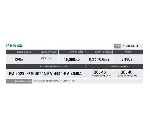 NR4040AQC specifications table showing spindle details for High Octane Nr4040aqc Water Cooled Spindle With Automatic Tool Changer.
