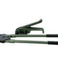 Heavy Duty Manual PET Strapping Machine With Reinforced Steel Banding Tool Tensioner in green, showcasing handles and tensioner head.