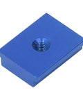 Blue rectangular piece with a central threaded hole, part of the Four Pieces T Slot Nut Aluminum Alloy for 30 Series M6 Sliding Slot Nut Ideal for Woodworking Benches and Table Saws Tool Less Installation Easy Clip On Connect No Disassembly Needed Galvanized Blue Finish.
