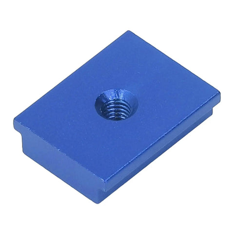 Blue rectangular piece with a central threaded hole, part of the Four Pieces T Slot Nut Aluminum Alloy for 30 Series M6 Sliding Slot Nut Ideal for Woodworking Benches and Table Saws Tool Less Installation Easy Clip On Connect No Disassembly Needed Galvanized Blue Finish.
