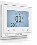 Wi Fi Smart Thermostat For Electric Baseboard Heaters 120 240V with Fahrenheit LCD Display on wall showcasing temperature and wifi connectivity.