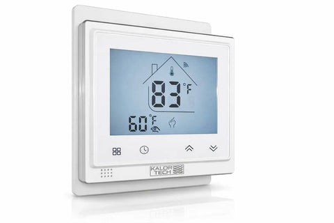 Wi Fi Smart Thermostat For Electric Baseboard Heaters 120 240V with Fahrenheit LCD Display on wall showcasing temperature and wifi connectivity.