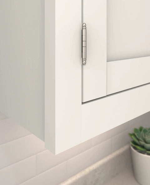 Slick Satin Nickel Decorative Ball Tip Cabinet Hinge For 3 4 Inch Doors Partial Wrap Overlay on a white cabinet door.