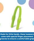 Green Easy-Grip Tweezers for Kids with finger grooves, Colorful Sensory Bin Tools and Montessori Grabber suitable for toddlers.