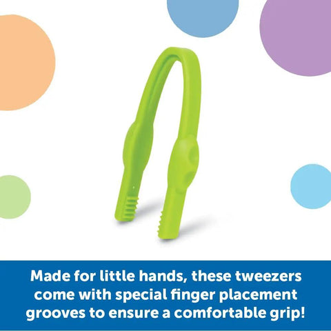 Green Easy-Grip Tweezers for Kids with finger grooves, Colorful Sensory Bin Tools and Montessori Grabber suitable for toddlers.