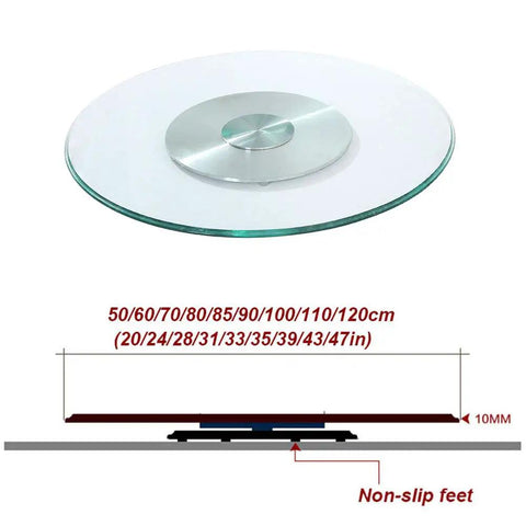 Rotating Lazy Susan Turntable with Glass Top and Silent Bearing, Heavy Duty Metal Tray, dimensions 20-47 inches, non-slip feet