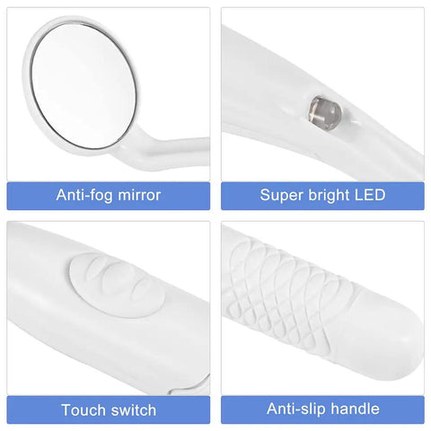 Bright LED Dental Mirror For At Home Checkup With Anti Fog Shield, Mouth Inspection Tool, Battery Powered With 3 LR44 Cells, Ultra Clear View For Teeth And Gums, Ideal For Daily Oral Health Care. Anti-fog mirror with LED, touch switch, and anti-slip handle