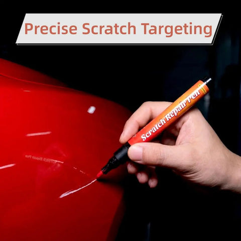 Hand using 2 Pack Car Scratch Removal Pen And Auto Paint Repair Brush Kit For All Colors Clear Finish Touch Up Paint on red surface