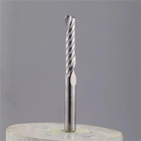 Pro 10 Piece Single Flute Up Cut Spiral End Mill Router Bit Set For Wood And Acrylic 3 175mm To 12mm showing a single flute carbide cutter.