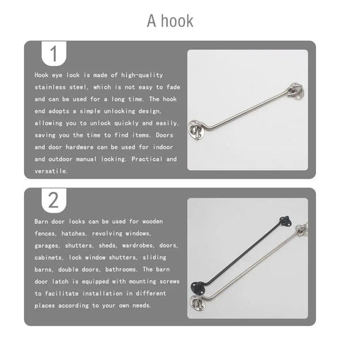 Heavy Duty Stainless Steel Gate Hook and Eye Latch for Barn Door Fence shown with hook and latch design, ideal for easy locking.