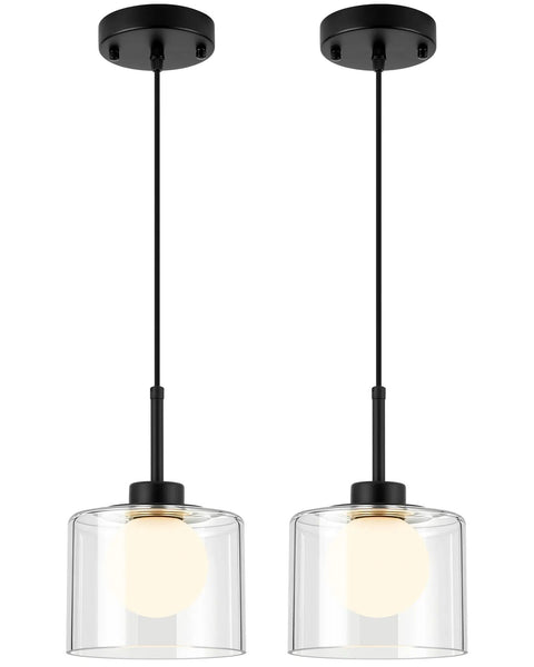 Karjearl Glass Pendant Lights Kitchen Island, 2 Pack Black Hanging Lighting with layered glass shades and frosted globes.