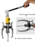 30 Ton Hydraulic Gear Puller Kit With Wheel Bearing Puller Separator shown in vertical and horizontal use modes