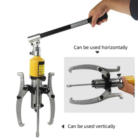 30 Ton Hydraulic Gear Puller Kit With Wheel Bearing Puller Separator shown in vertical and horizontal use modes