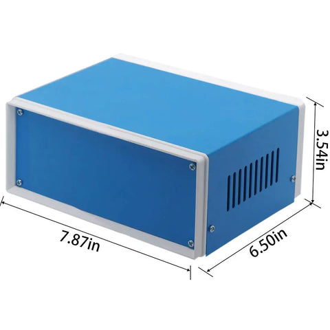 Blue Metal Junction Box Enclosure Built For DIY Electrical Projects With Four Leg Stand A Real Go To Workhorse Project Box For Electrical Panels And Wiring With A 7.9 By 6.5 By 3.5 Inch Frame, perspective view showcasing vented side panel.