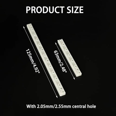Product size of 0.5 Module Plastic Gear Rack Kit For RC Cars Trucks And Robots, showing 63x7x4mm and 125x7x4mm racks with central holes.