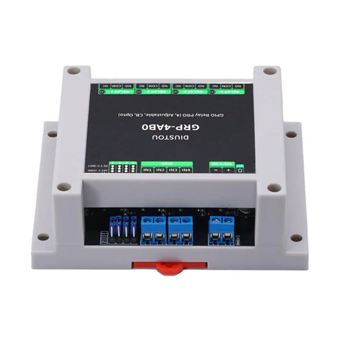 Optocoupler Isolated GPIO Relay Module, 4 Channel, Dual Mode High And Low Level Trigger, 3-24V High Or 0-1.5V Low, 5-32V Power Supply, ABS DIN Rail Mount, Industrial Grade Relay Board For Robust Automation And Easy Plug And Play Install.