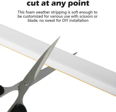 Scissors cutting White Weather Seal Tape, Badass High Density Foam, Self Stick Adhesive Backing, 1/2 Inch By 1/2 Inch By 16 5 Ft Roll.