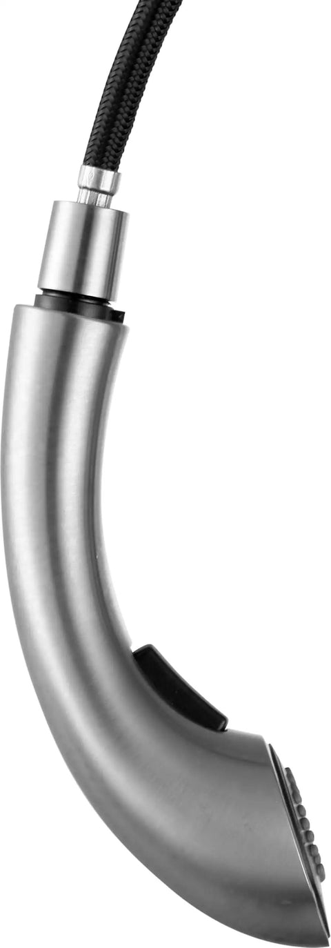 Navona Series Ten Point Zero Four Inch Pull Out Sprayer Kitchen Faucet brushed nickel ergonomic spout side view