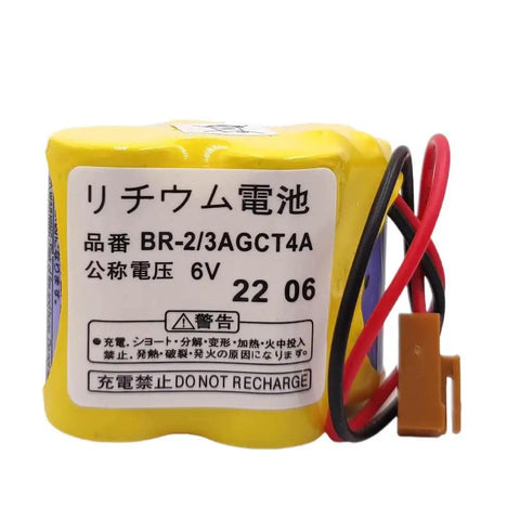Close-up of 6V BR-2/3AGCT4A lithium battery with brown plug and wires, part of the 40 Pack 6V 4400mAh BR-2/3AGCT4A Non-Rechargeable Lithium Battery.