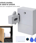 Hassle Free 125 Khz Smart Cabinet Lock With Electronic Rfid Card Access For Warehouse Sauna Library Office Locker No Drill Gray Anti Smash Self Locking Body Straightforward Installation showing the gray lock mounted on wood.