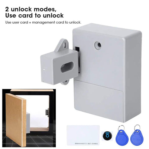 Hassle Free 125 Khz Smart Cabinet Lock With Electronic Rfid Card Access For Warehouse Sauna Library Office Locker No Drill Gray Anti Smash Self Locking Body Straightforward Installation showing the gray lock mounted on wood.