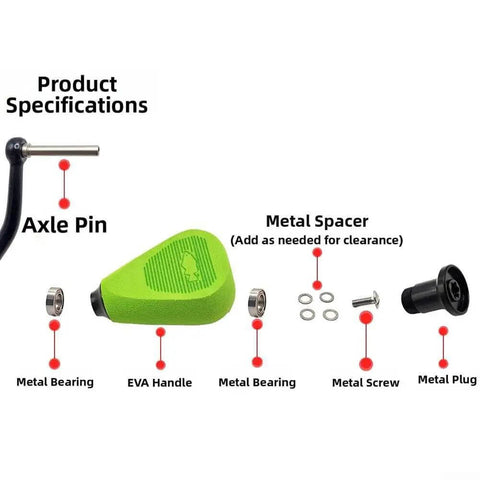 Upgrade Your Fishing Game With This Killer EVA Reel Knob Set For Drt Antares Fishing Rods Featuring Snap-On Handles, Smooth Bearings, And Sleek Silver Black Styling That Lets You Crank Harder And Catch More Big Fish Today On The Water. Product specifications showing EVA handle, bearings, axle pin, spacer, screw, and plug.
